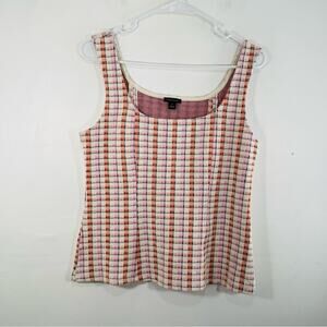 Ann Taylor Pink Orange Cream Madras Plaid Knit Shell Peplum Tank Top Medium